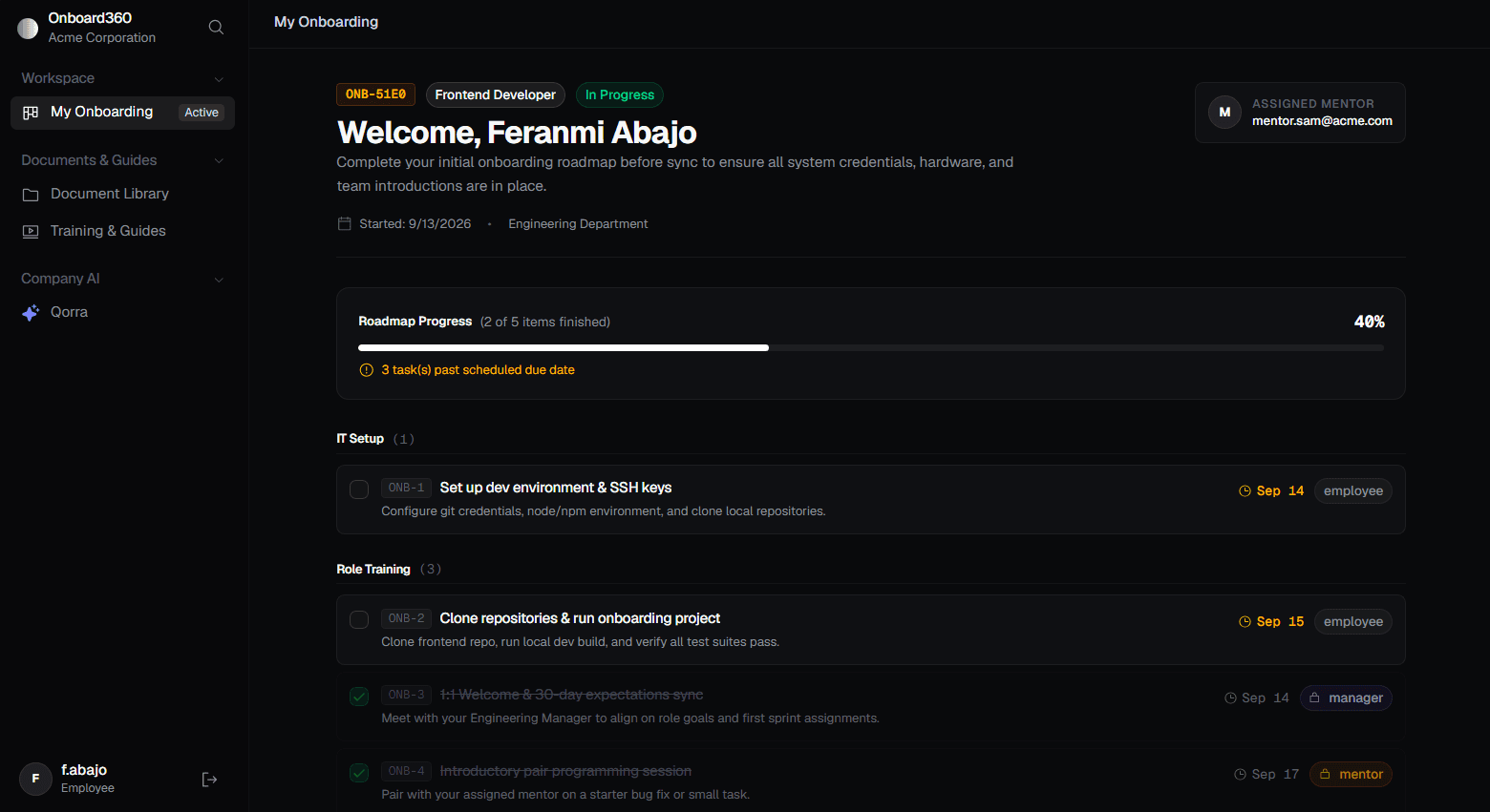 Onboard360 role-based onboarding checklist and roadmap interface preview