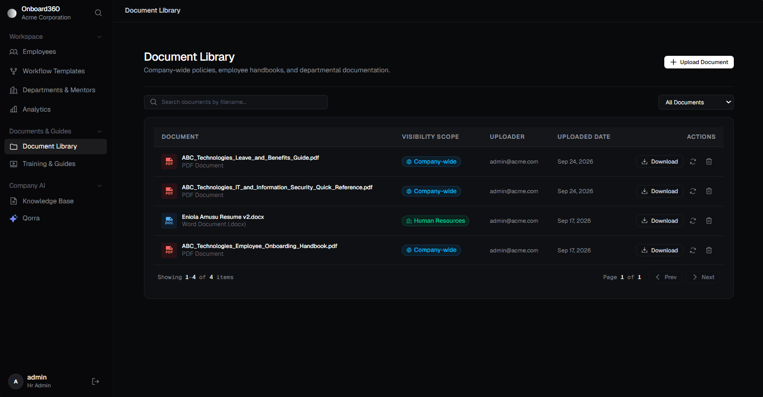 Onboard360 company-wide document library and policy management interface preview