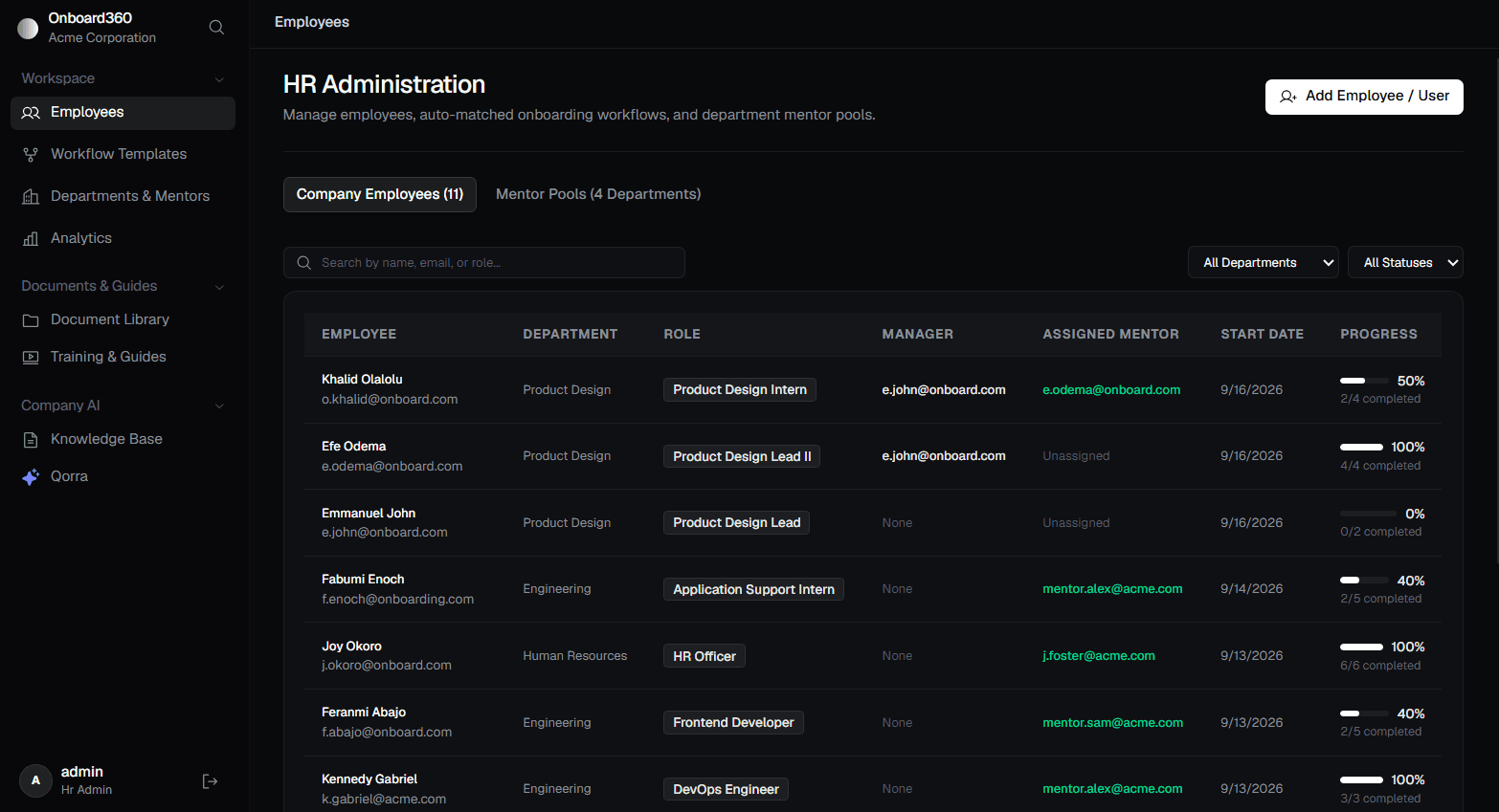 Onboard360 HR Administration employee management interface preview